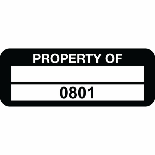 Lustre-Cal Property ID Label PROPERTY OF Polyester Blk 2in x 0.75in 1 Blank Pad&Serialized 0801-0900, 100PK 253744Pe2K0801
